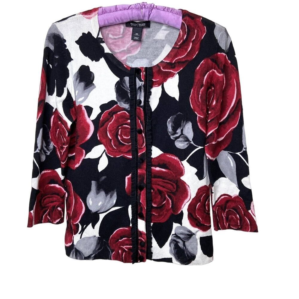 White House Black Market Snap Front Cardigan Sweater Black Red Gray White XS